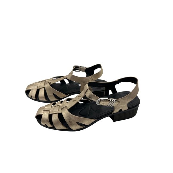 Lucky Brand  11 Womens Metallic Gold Strappy Sandals With Block Heels & Buckle - Picture 4 of 10
